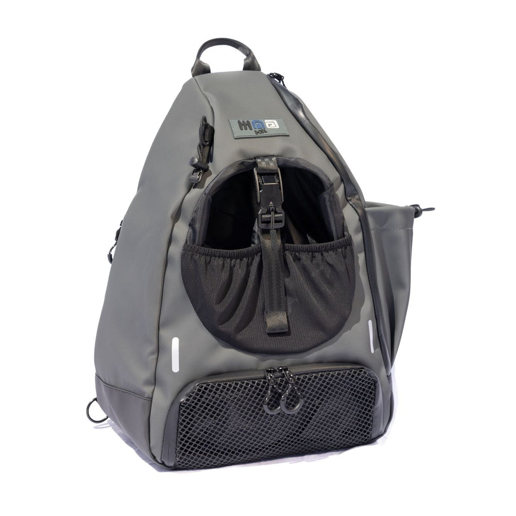 Grey BORA sports bag, front view showing the ball holder, lower mesh compartment and side pocket