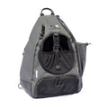 Grey BORA sports bag, front view showing the ball holder, lower mesh compartment and side pocket