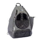 Grey BORA sports bag, front view showing the ball holder, lower mesh compartment and side pocket