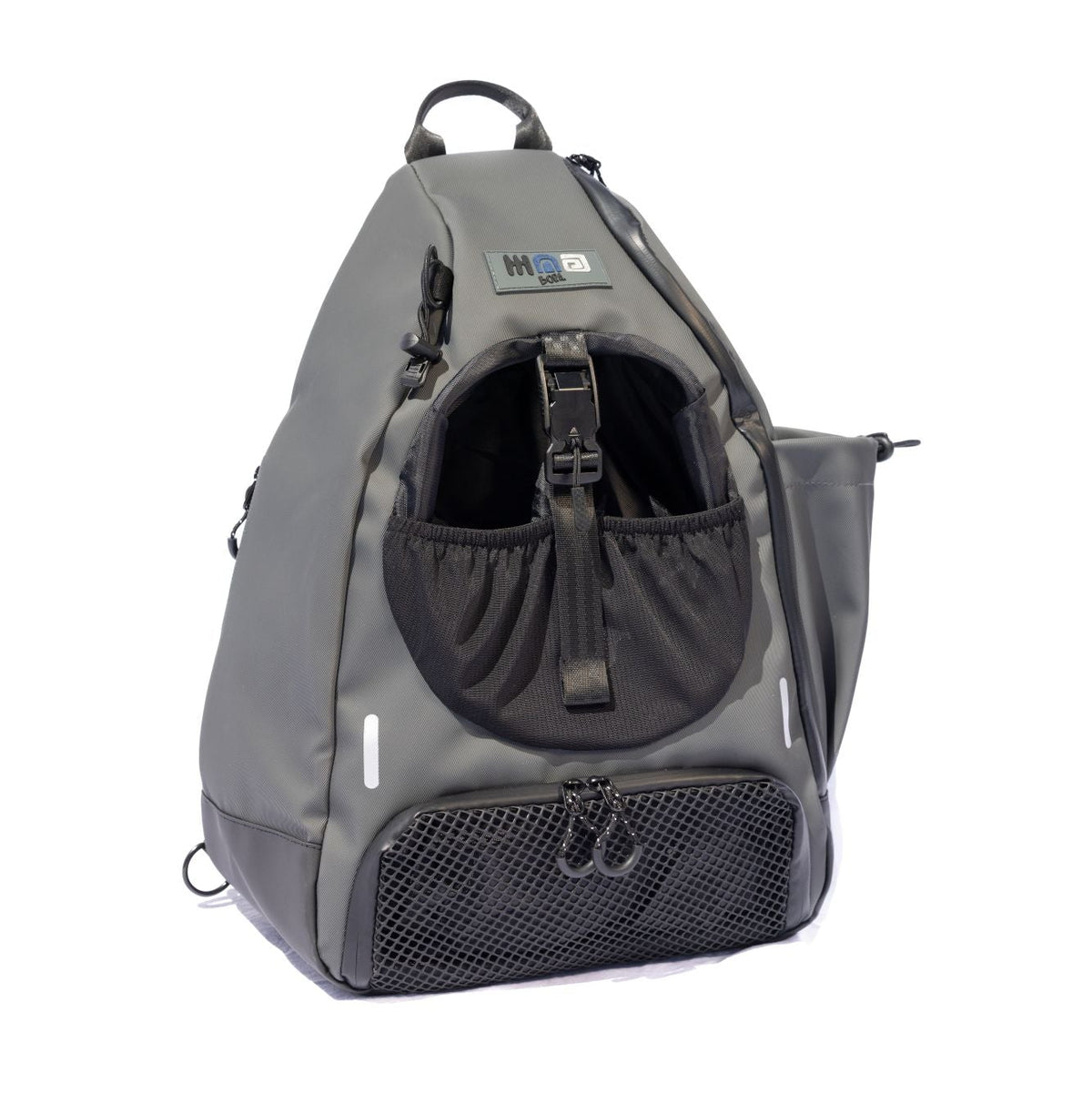 Grey BORA sports bag, front view showing the ball holder, lower mesh compartment and side pocket