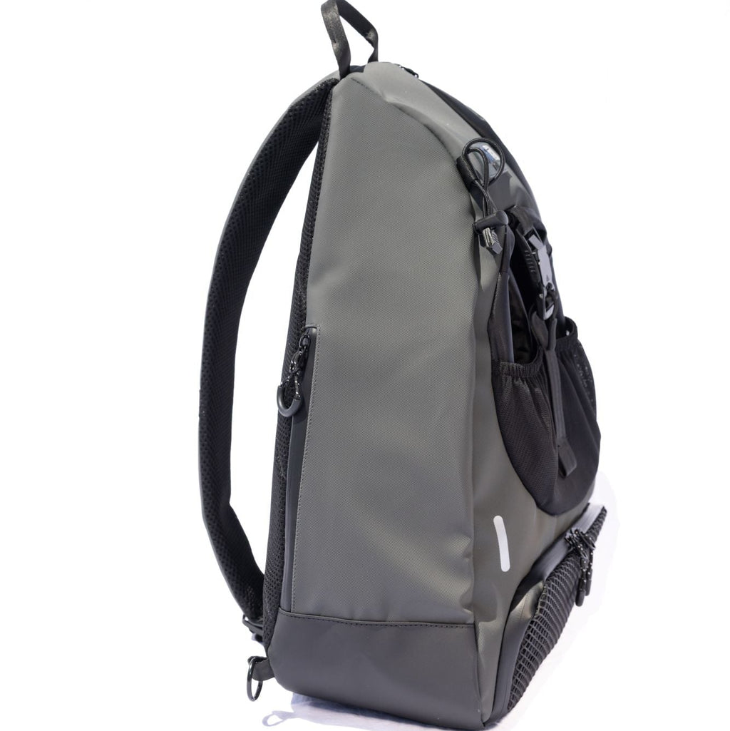 Grey BORA sports bag, side view showing the zippered compartment and shoulder strap
