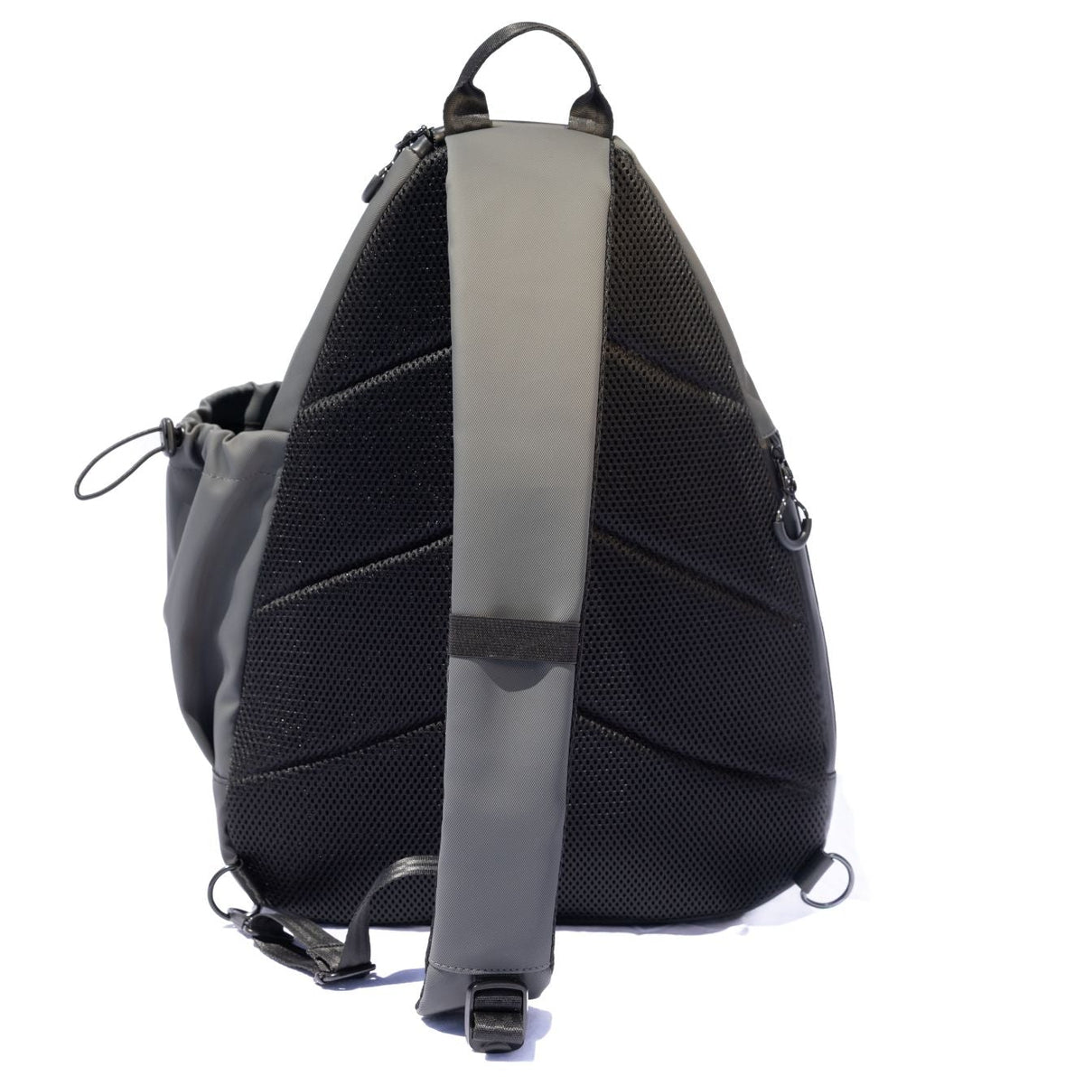 Grey BORA sports bag, rear view showing the padded mesh back panel and adjustable shoulder strap