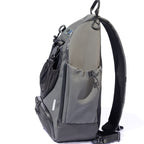 Grey BORA sports bag, side view showing the drawstring bottle pocket and adjustable shoulder strap