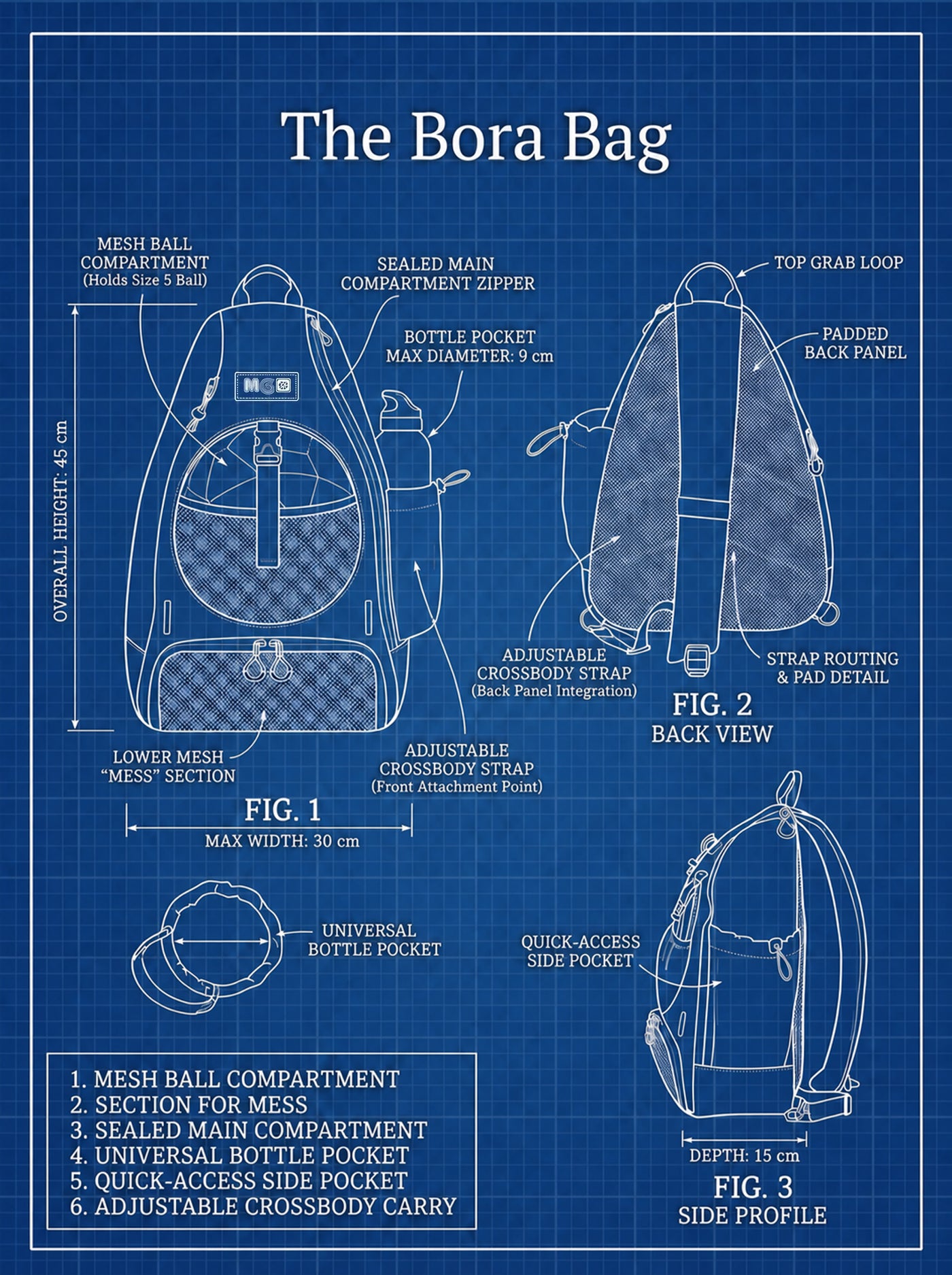 Technical drawing of the Bora Bag showing the compartments, strap and dimensions.