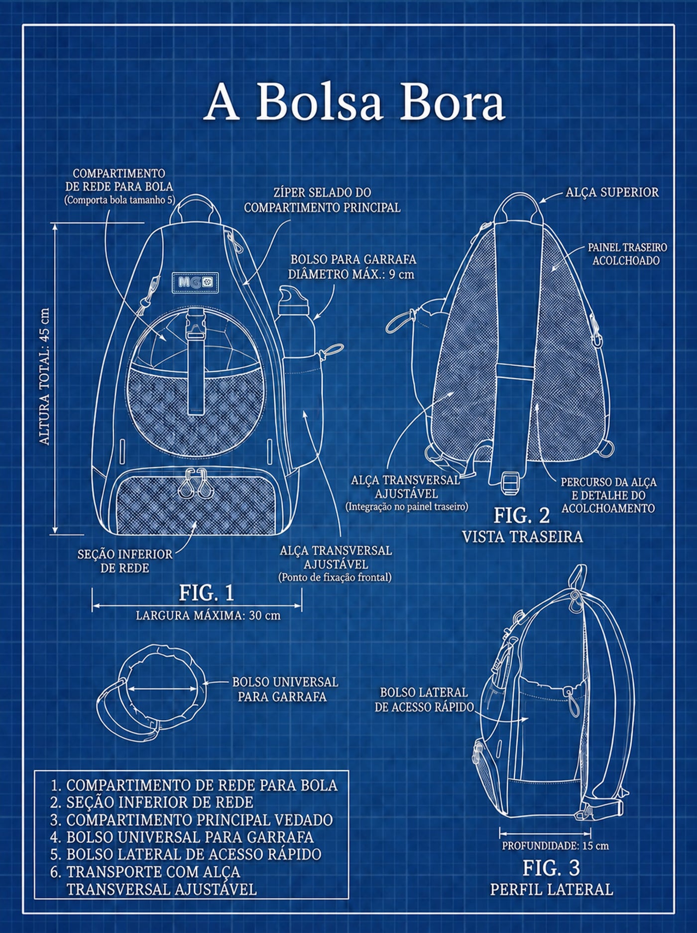 Desenho técnico da Bora Bag com os compartimentos, a alça e as dimensões.